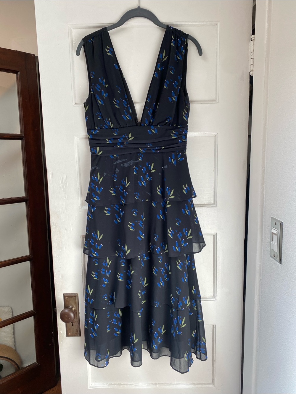 AMUR Low Cut Tiered Midi Dress with Blue & Olive Floral Print